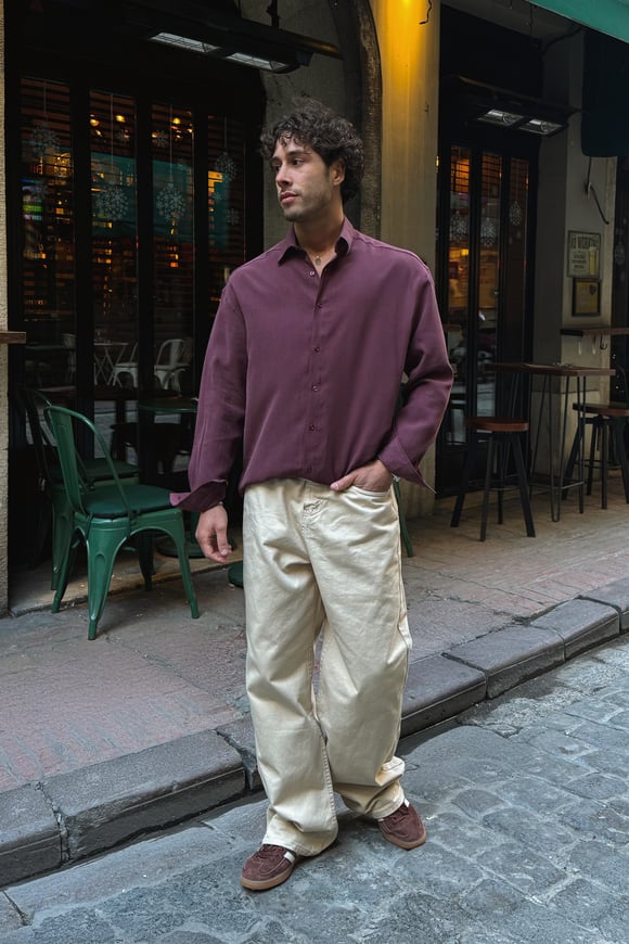 Basic Tensel Kumaş Bordo Oversize Gömlek