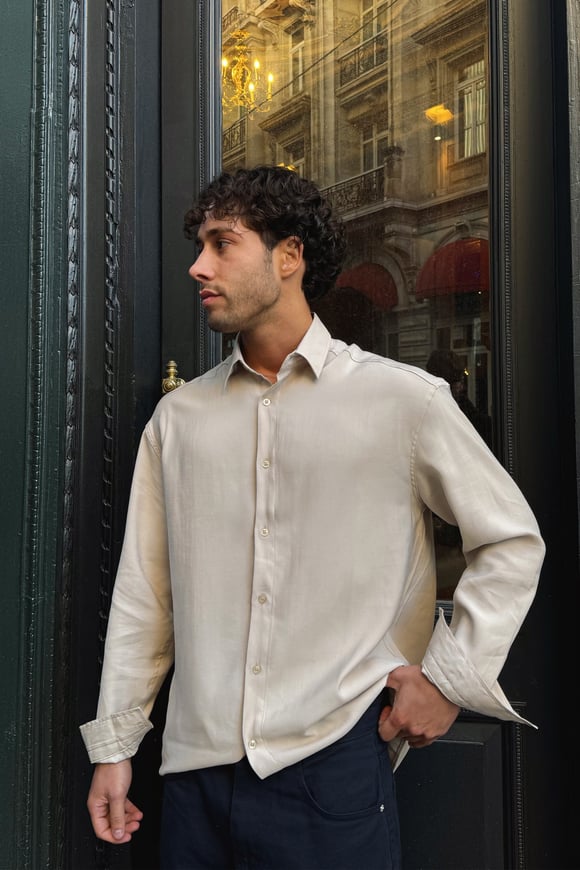 Basic Tensel Kumaş Bej Oversize Gömlek