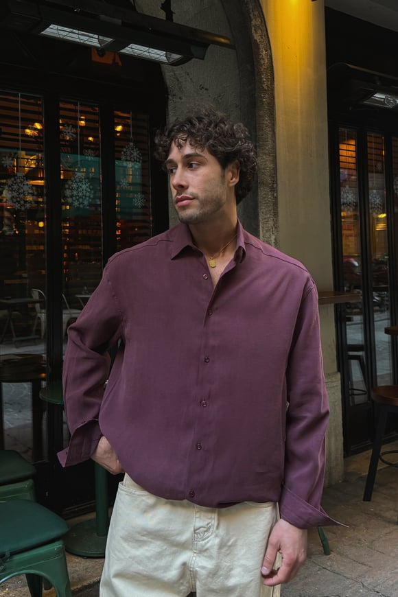 Basic Tensel Kumaş Bordo Oversize Gömlek