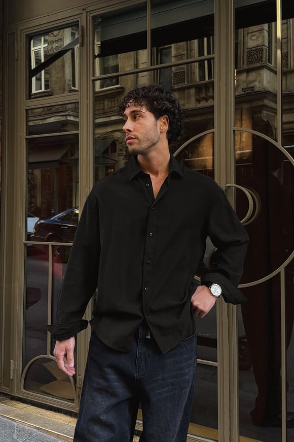 Basic Tensel Kumaş Siyah Oversize Gömlek