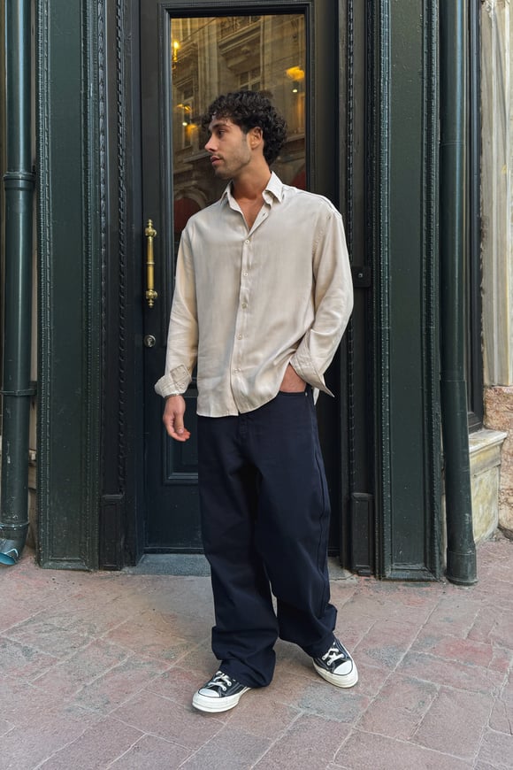 Basic Tensel Kumaş Bej Oversize Gömlek