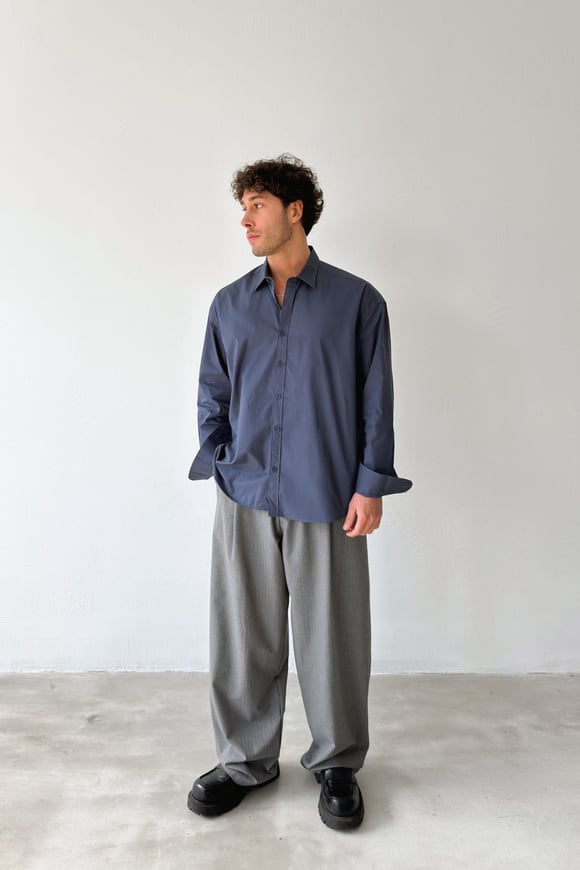 Basic Lacivert Poplin Oversize Gömlek