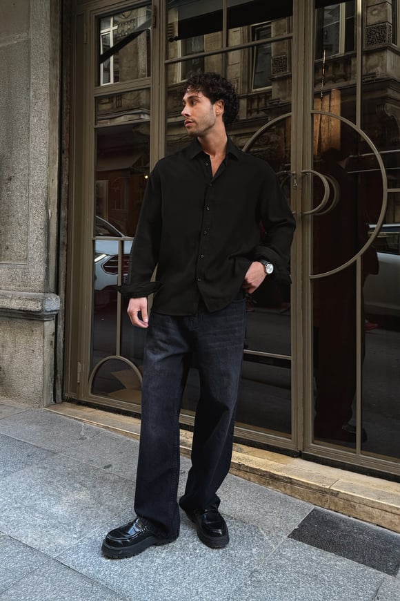 Basic Tensel Kumaş Siyah Oversize Gömlek