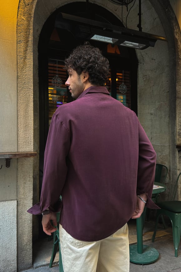 Basic Tensel Kumaş Bordo Oversize Gömlek
