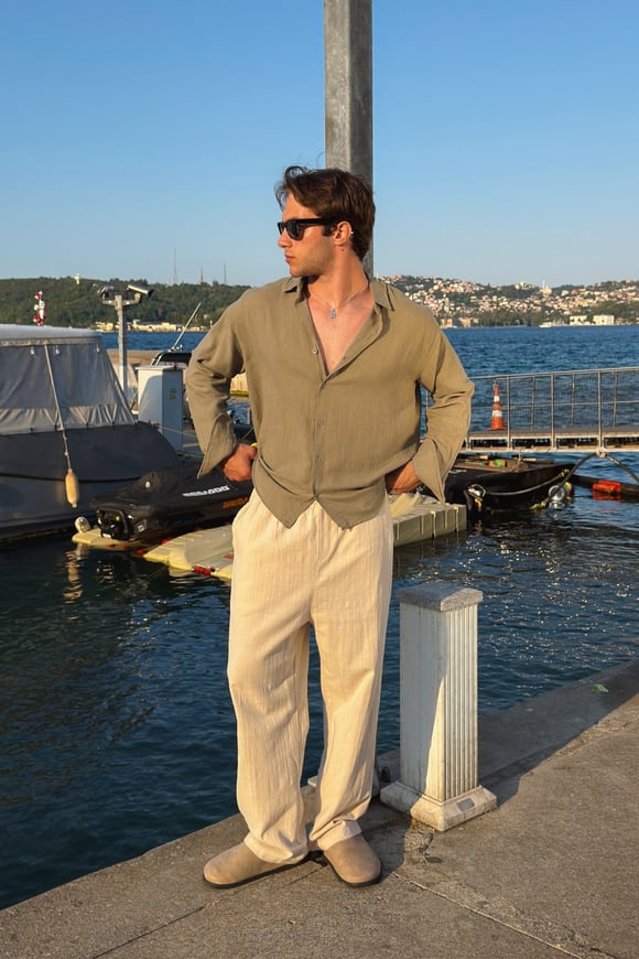 Basic Oversize Haki Ham Keten Gömlek