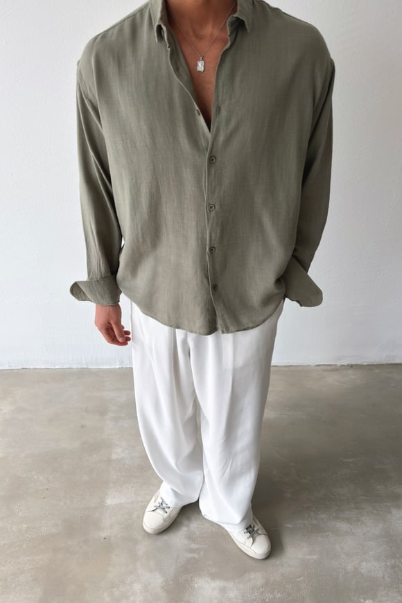 Basic Oversize Haki Ham Keten Gömlek