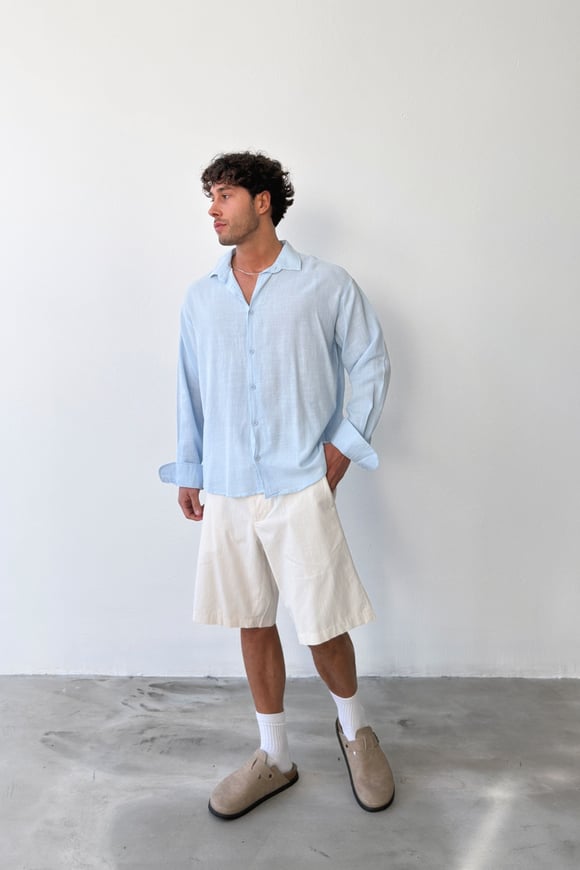 Basic Oversize Mavi Ham Keten Gömlek