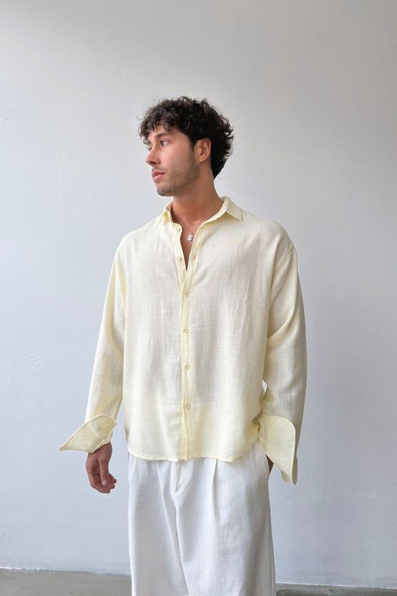 Basic Oversize Sarı Ham Keten Gömlek