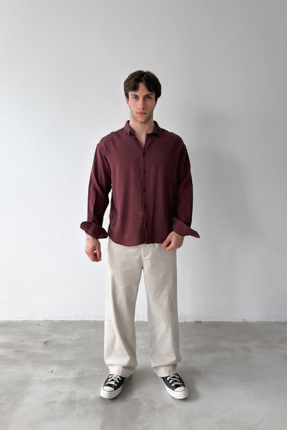 Basic Oversize Bordo Ham Keten Gömlek