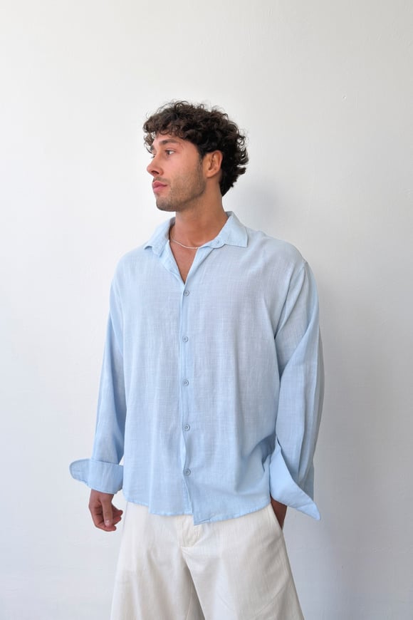 Basic Oversize Mavi Ham Keten Gömlek