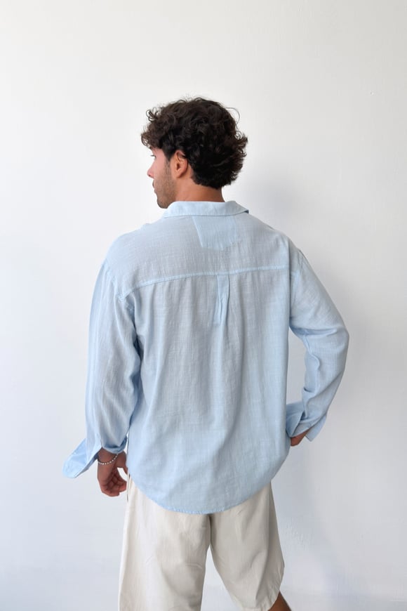 Basic Oversize Mavi Ham Keten Gömlek