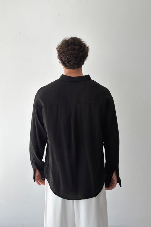 Basic Oversize Siyah Ham Keten Gömlek