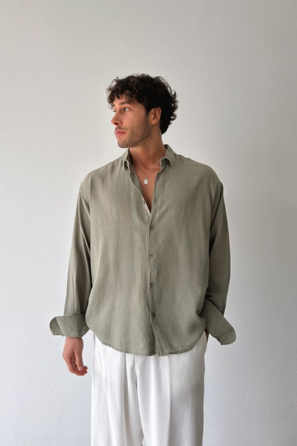 Basic Oversize Haki Ham Keten Gömlek
