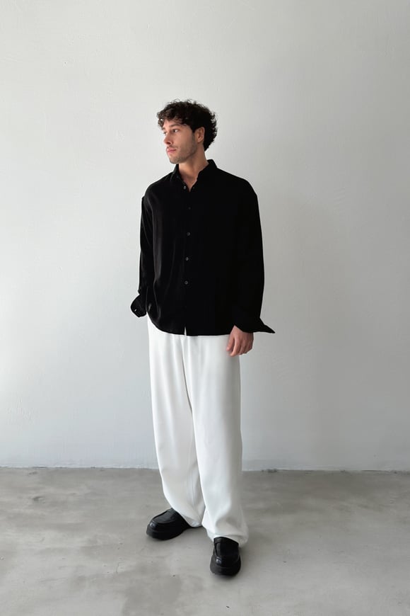 Basic Oversize Siyah Ham Keten Gömlek