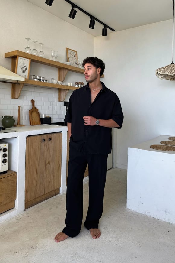 Basic Oversize Kısa Kol Keten Gömlek Siyah