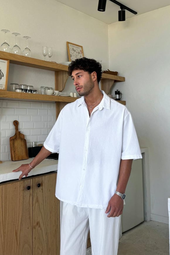 Basic Oversize Kısa Kol Keten Gömlek Beyaz