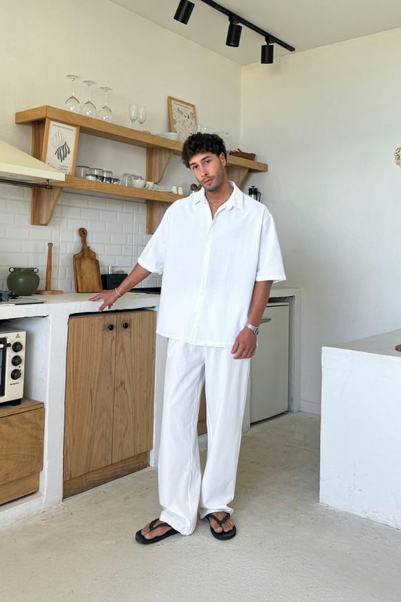Basic Oversize Kısa Kol Keten Gömlek Beyaz