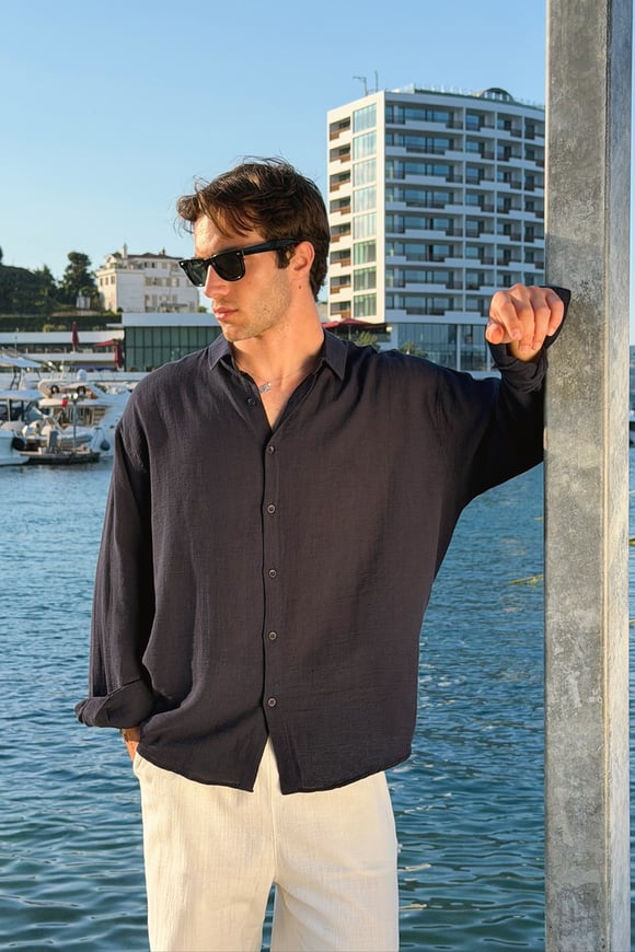 Basic Oversize Lacivert Ham Keten Gömlek