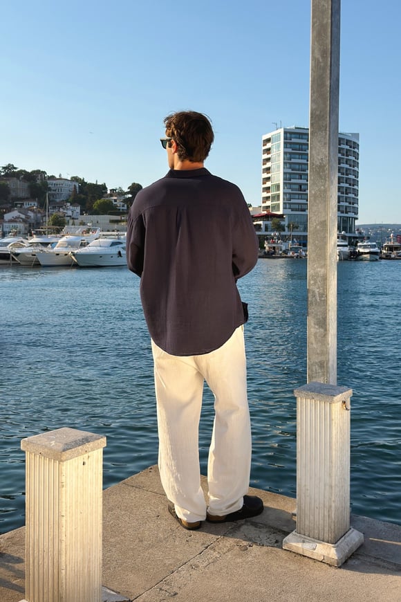 Basic Oversize Lacivert Ham Keten Gömlek