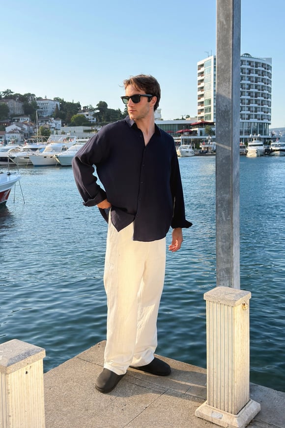 Basic Oversize Lacivert Ham Keten Gömlek