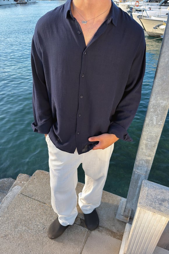 Basic Oversize Lacivert Ham Keten Gömlek