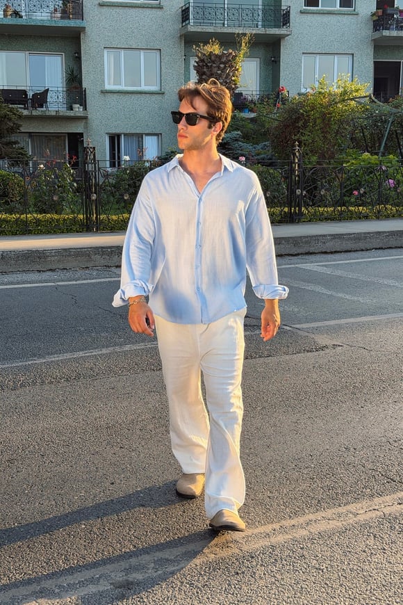 Basic Oversize Mavi Ham Keten Gömlek