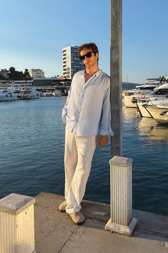 Basic Oversize Mavi Ham Keten Gömlek