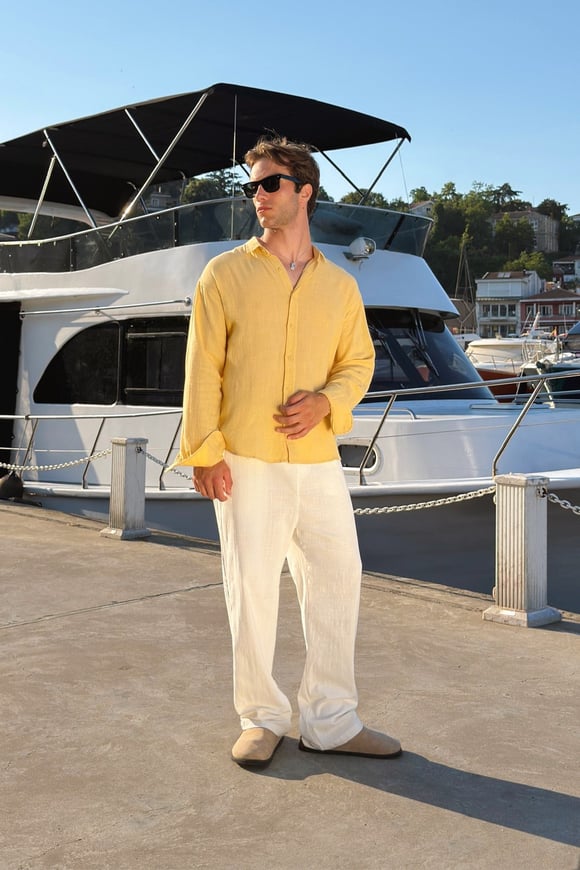 Basic Oversize Sarı Ham Keten Gömlek