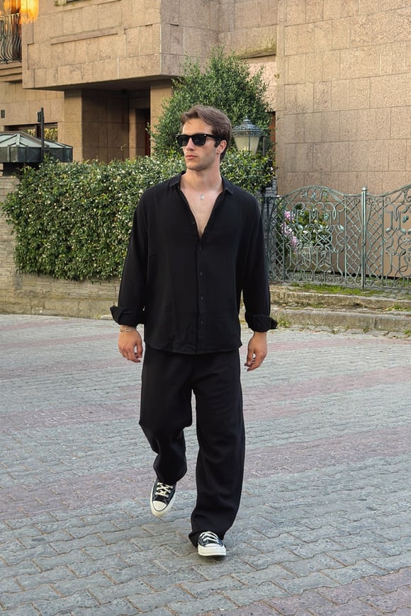 Basic Oversize Siyah Ham Keten Gömlek