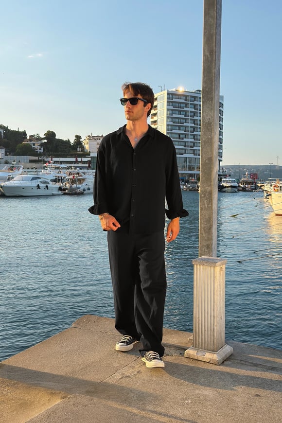 Basic Oversize Siyah Ham Keten Gömlek