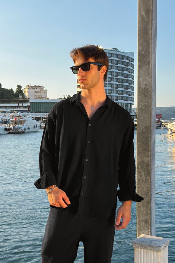 Basic Oversize Siyah Ham Keten Gömlek
