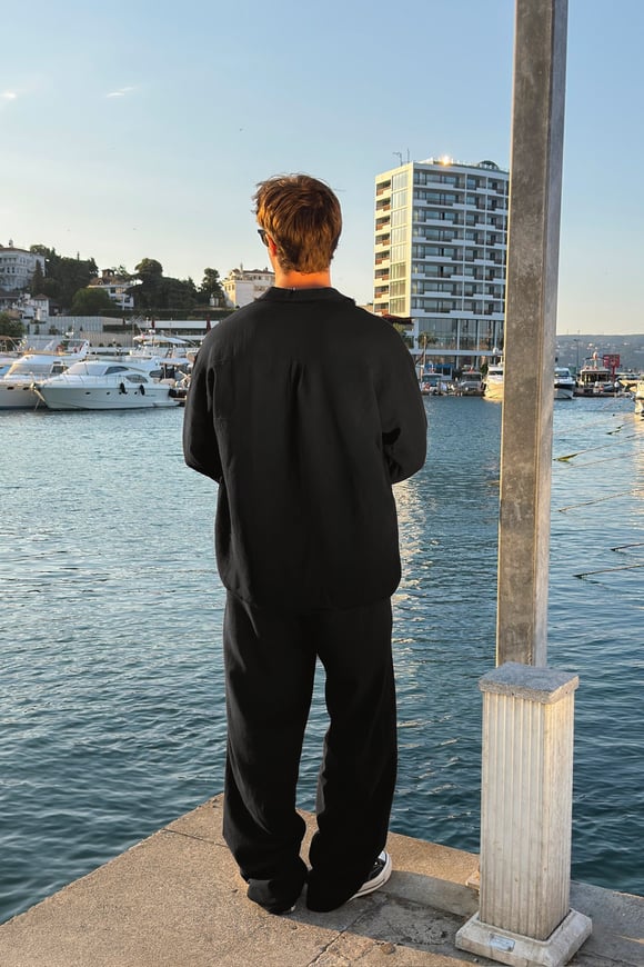 Basic Oversize Siyah Ham Keten Gömlek