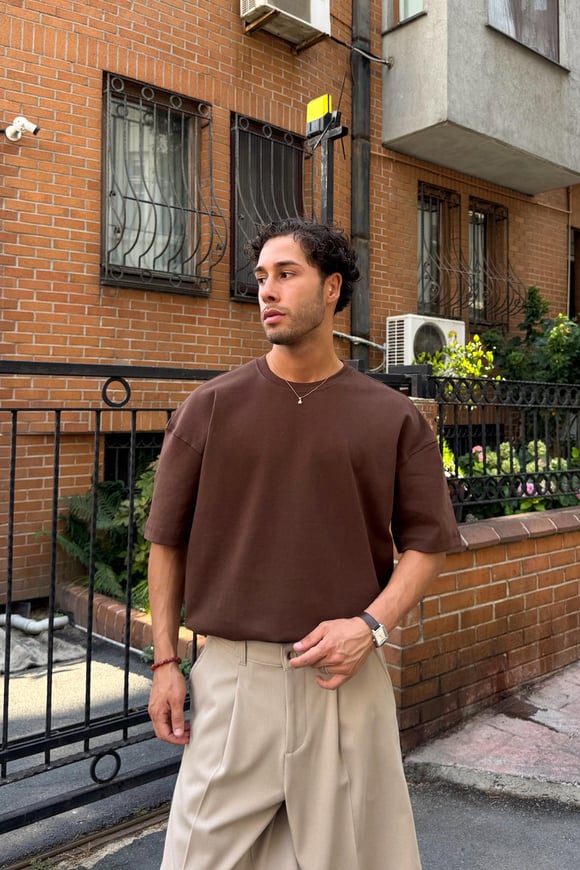 Basic Oversize Tişört Koyu Kahve