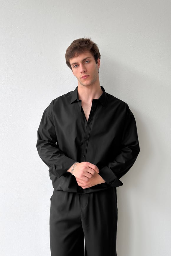 Basic Siyah Poplin Oversize Gömlek