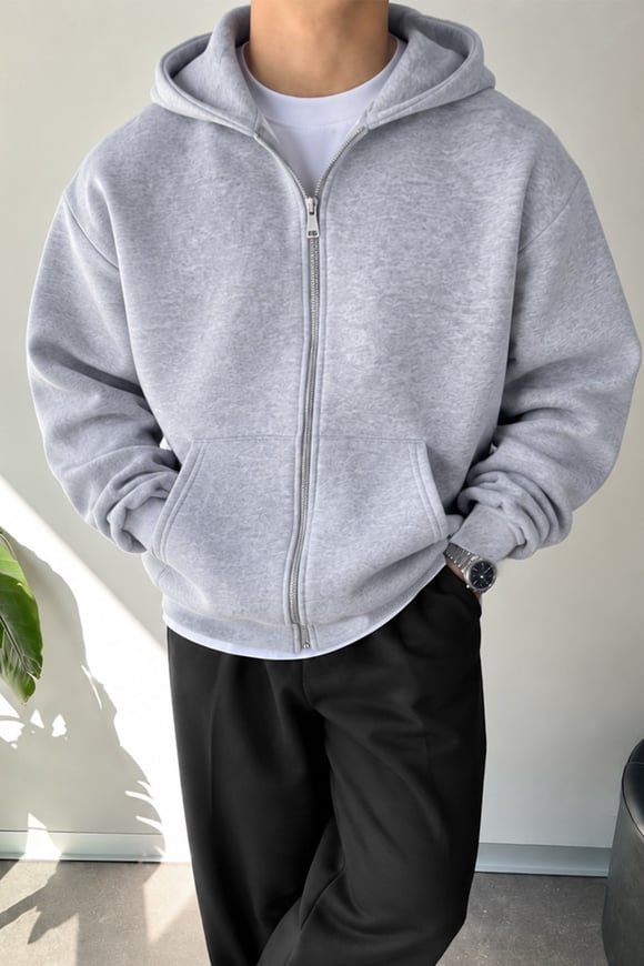 Basic Zip Hoodie Gri Melanj