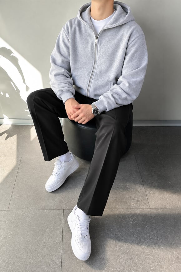 Basic Zip Hoodie Gri Melanj