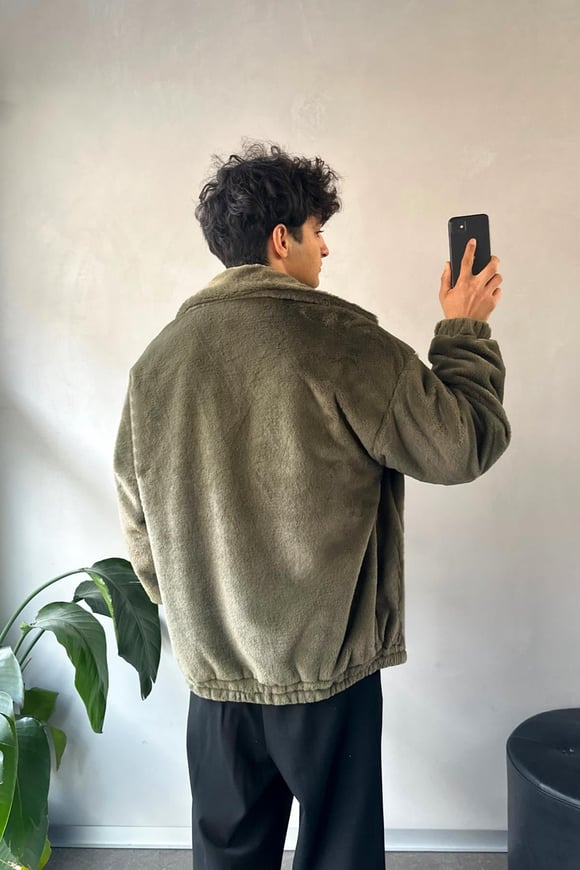 Basic Zip Oversize Haki Peluş Ceket