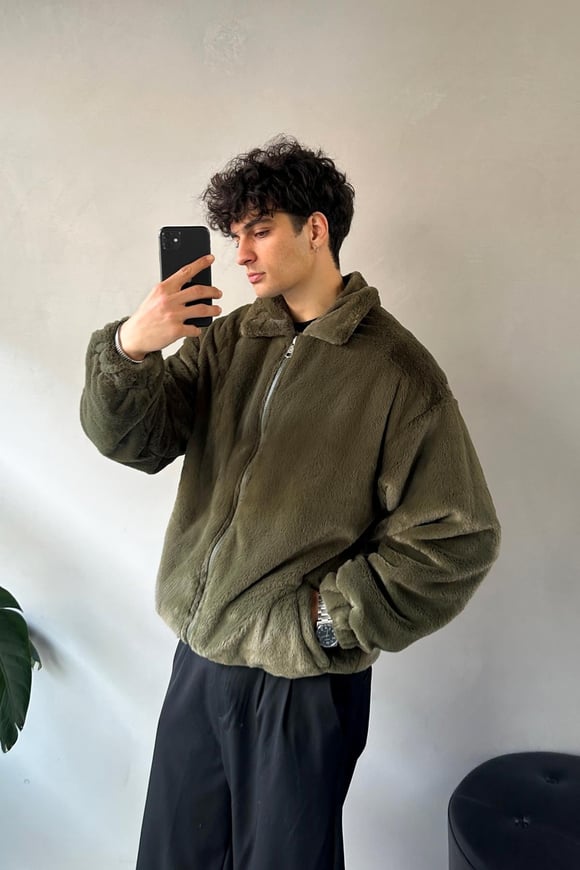 Basic Zip Oversize Haki Peluş Ceket