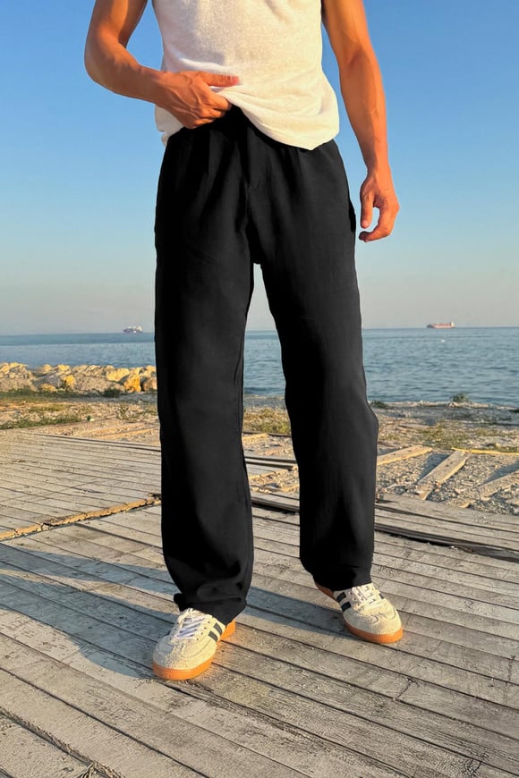 Bel Lastikli Keten Pantolon Siyah