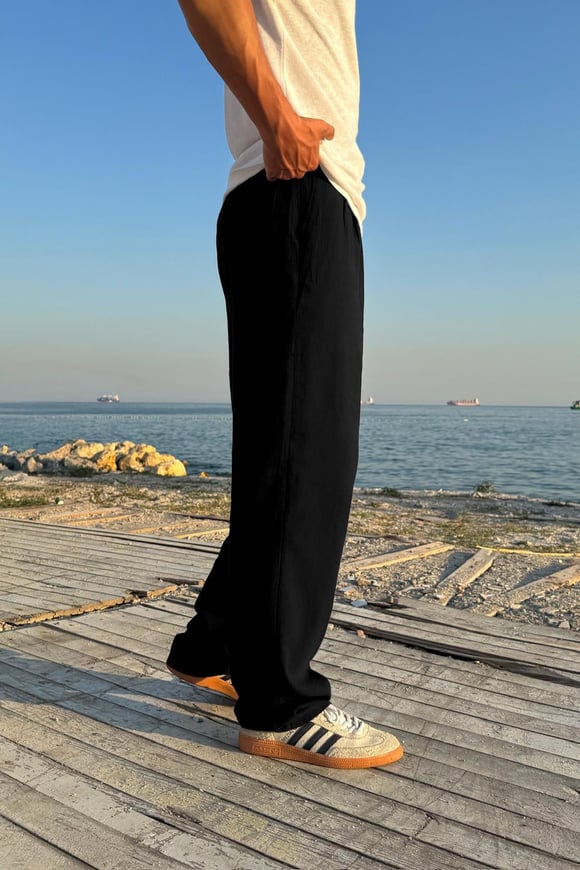 Bel Lastikli Keten Pantolon Siyah