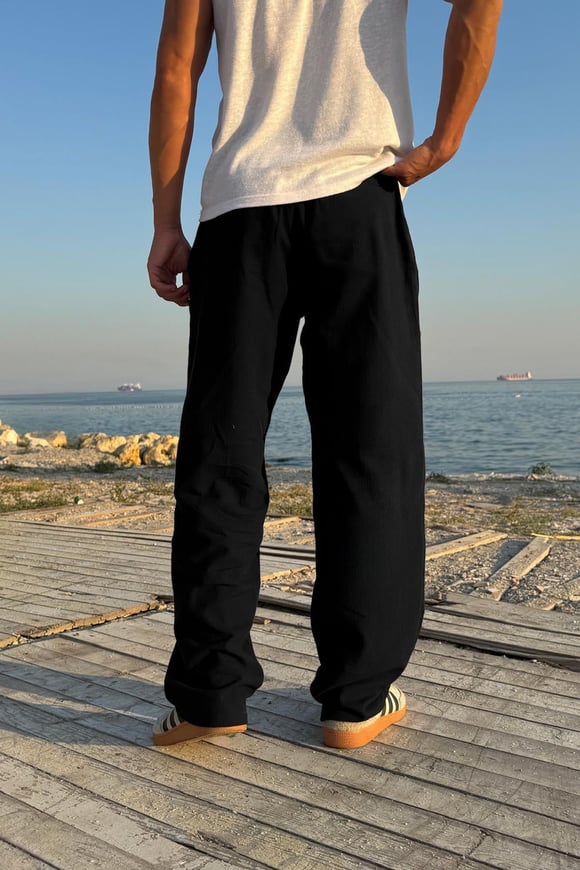 Bel Lastikli Keten Pantolon Siyah