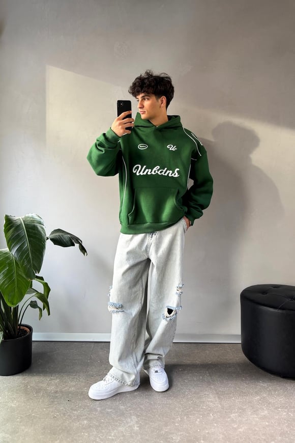 Biyeli Ön Baskılı Yeşil Oversize Hoodie