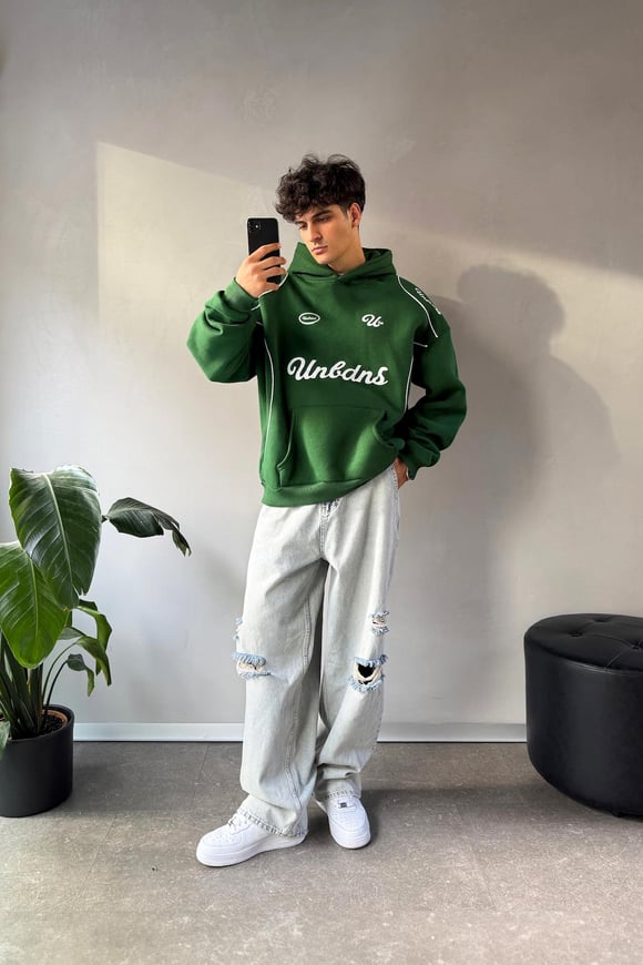 Biyeli Ön Baskılı Yeşil Oversize Hoodie