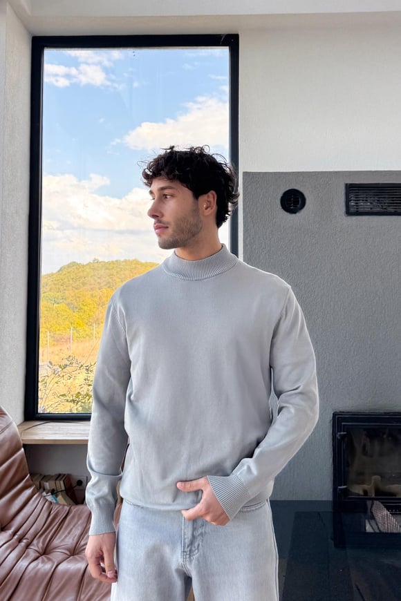Boğazlı Basic Triko Kazak Gri