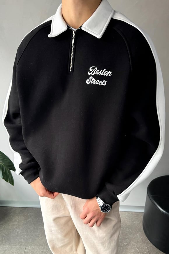 Boston Streets Nakışlı Polo Yaka Siyah Sweatshirt