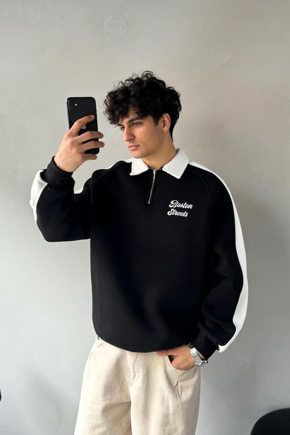 Boston Streets Nakışlı Polo Yaka Siyah Sweatshirt
