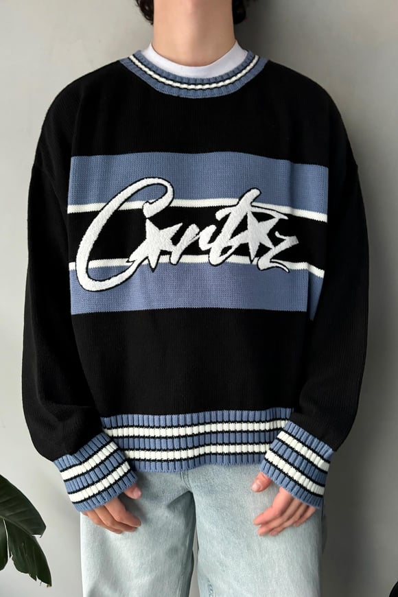 Cartez Nakışlı Çizgili Siyah Oversize Kazak