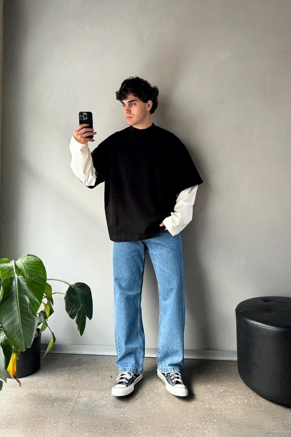 Çift Kollu Siyah-Ekru Basic Oversize Long Sleeve Tişört