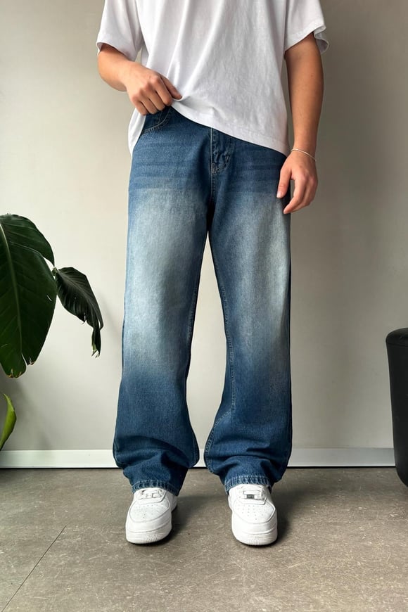 Çizgi Detay Mavi Baggy Jean