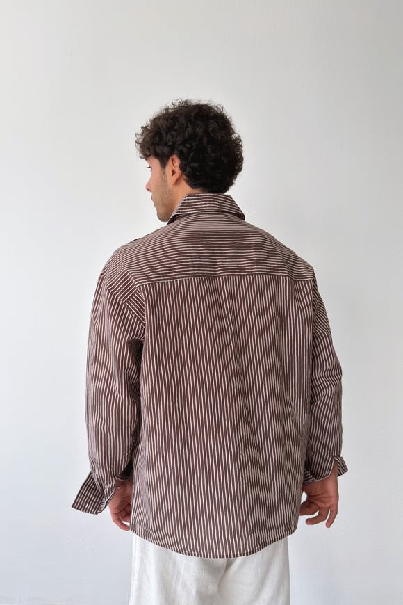 Çizgili Bordo Keten Oversize Gömlek